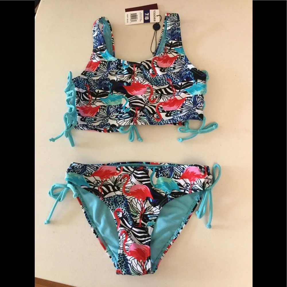 NWT sz 7/8 Vigoss adjustable straps & sides flamingo print two-piece bikini set